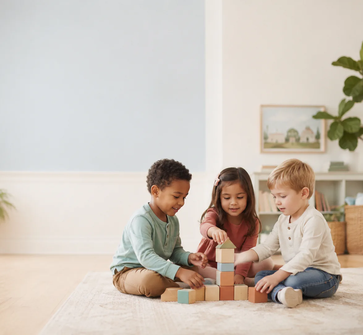 Three young children building a tower of wooden blocks on a rug