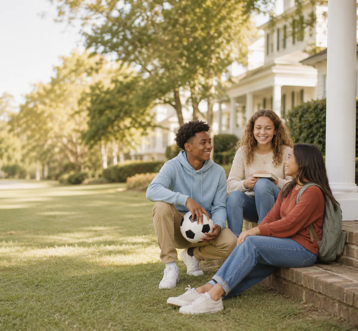 Three teenagers talking and laughing on the front steps of a home